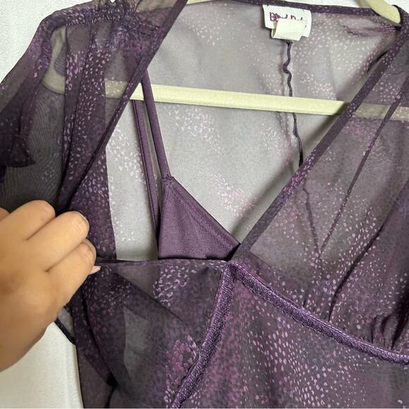 Vintage Blind Date Purple Semi Sheer Mesh V Neck Flutter Cap Sleeve Mini Dress - Picture 5 of 9